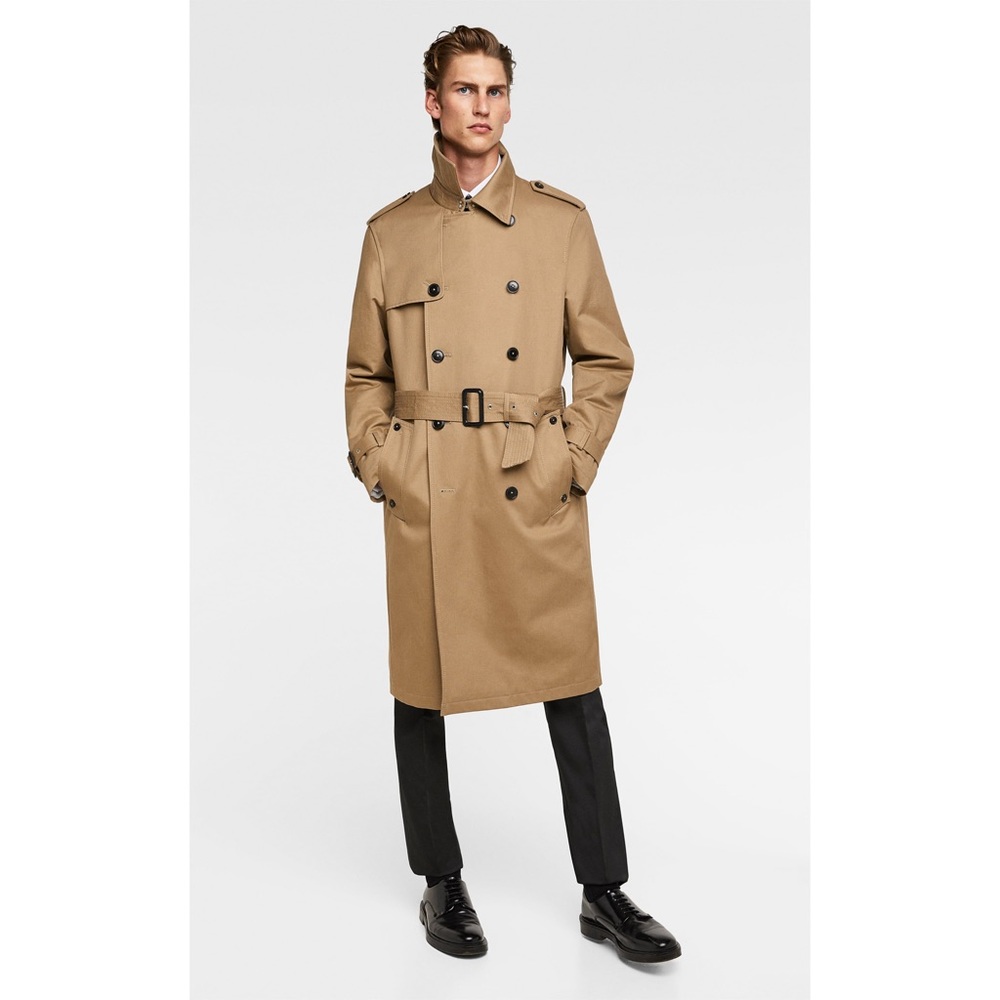 NWT Zara MAN Tan Camel Water Repellent Trench Coat - Picture 2 of 8